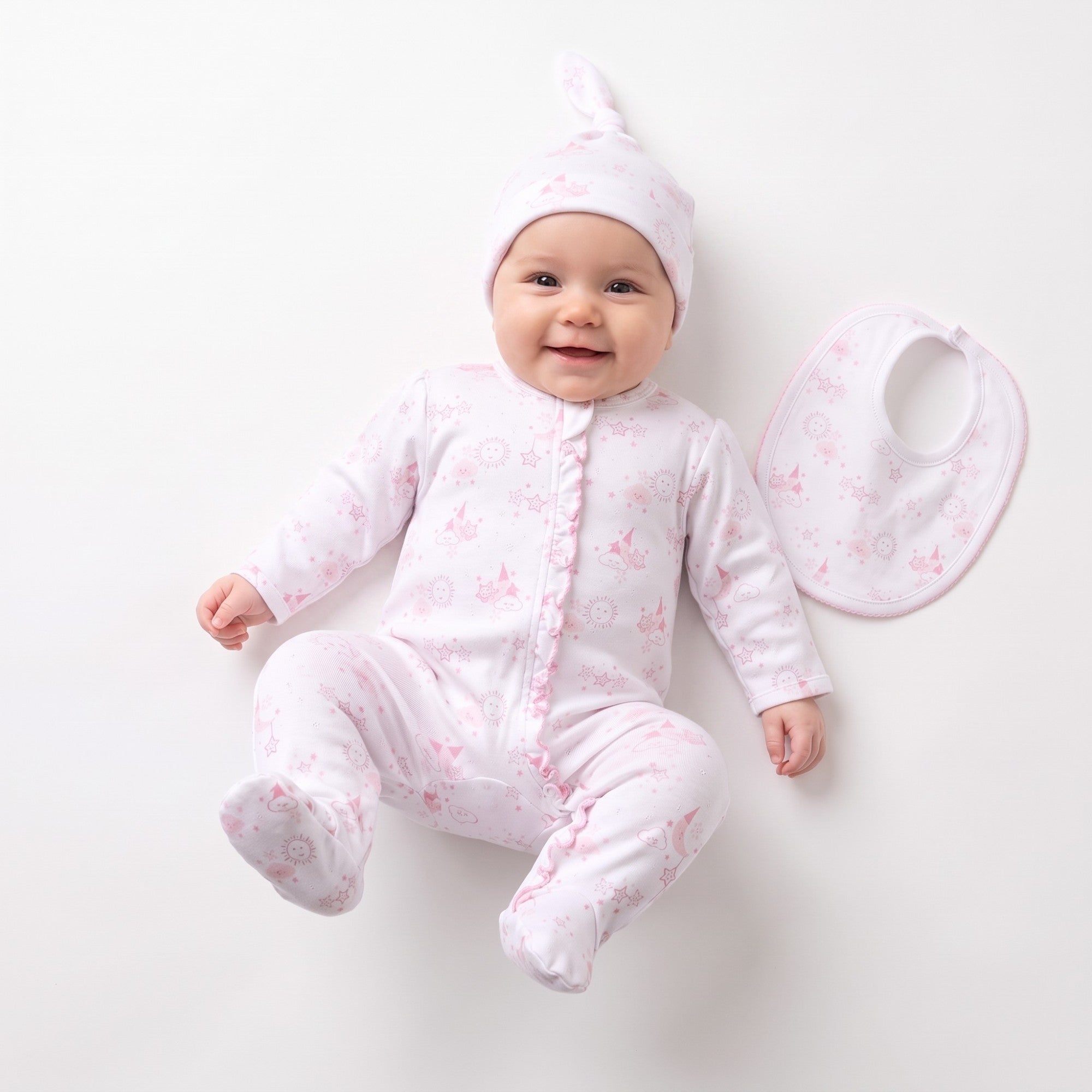 Kissy Kissy New Born Girl's Celestial Pattern Sleepsuit Set with Hat & Bib