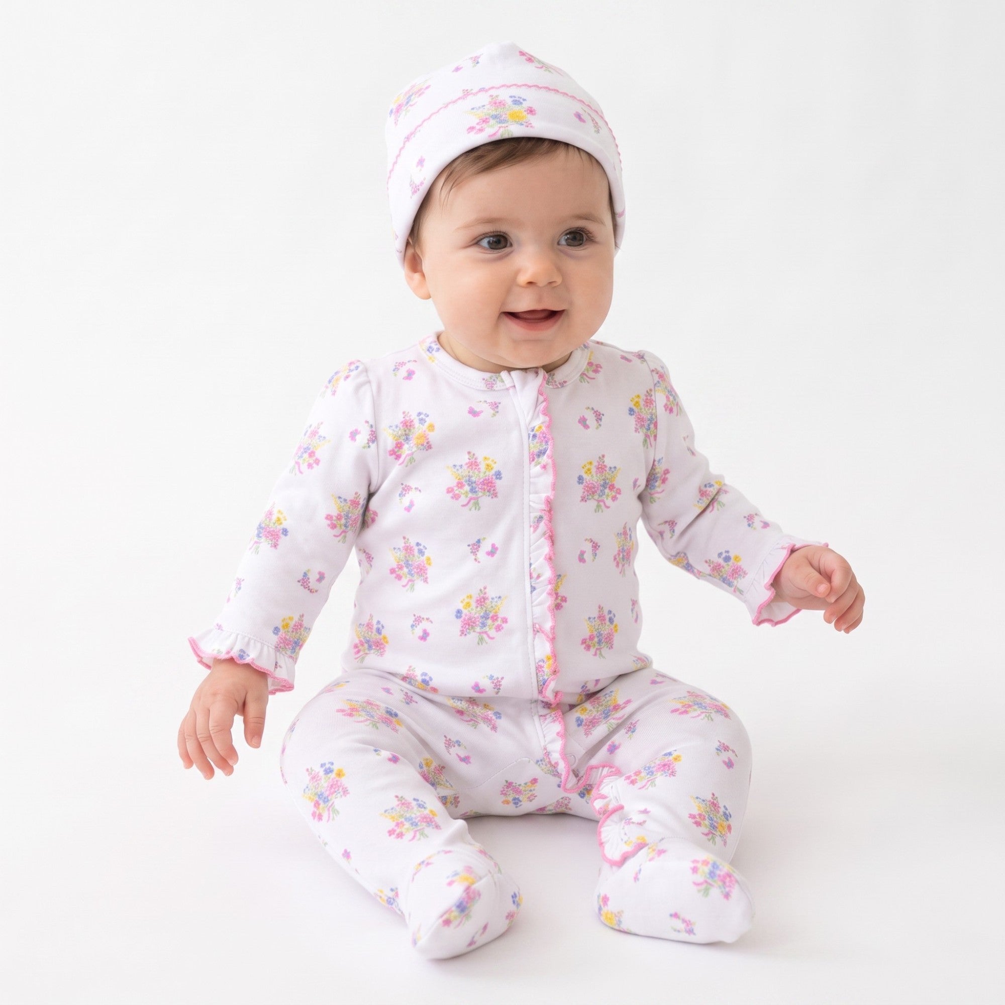 Kissy Kissy New Born Girl's Floral Print Sleepsuit Set with Hat & Bib