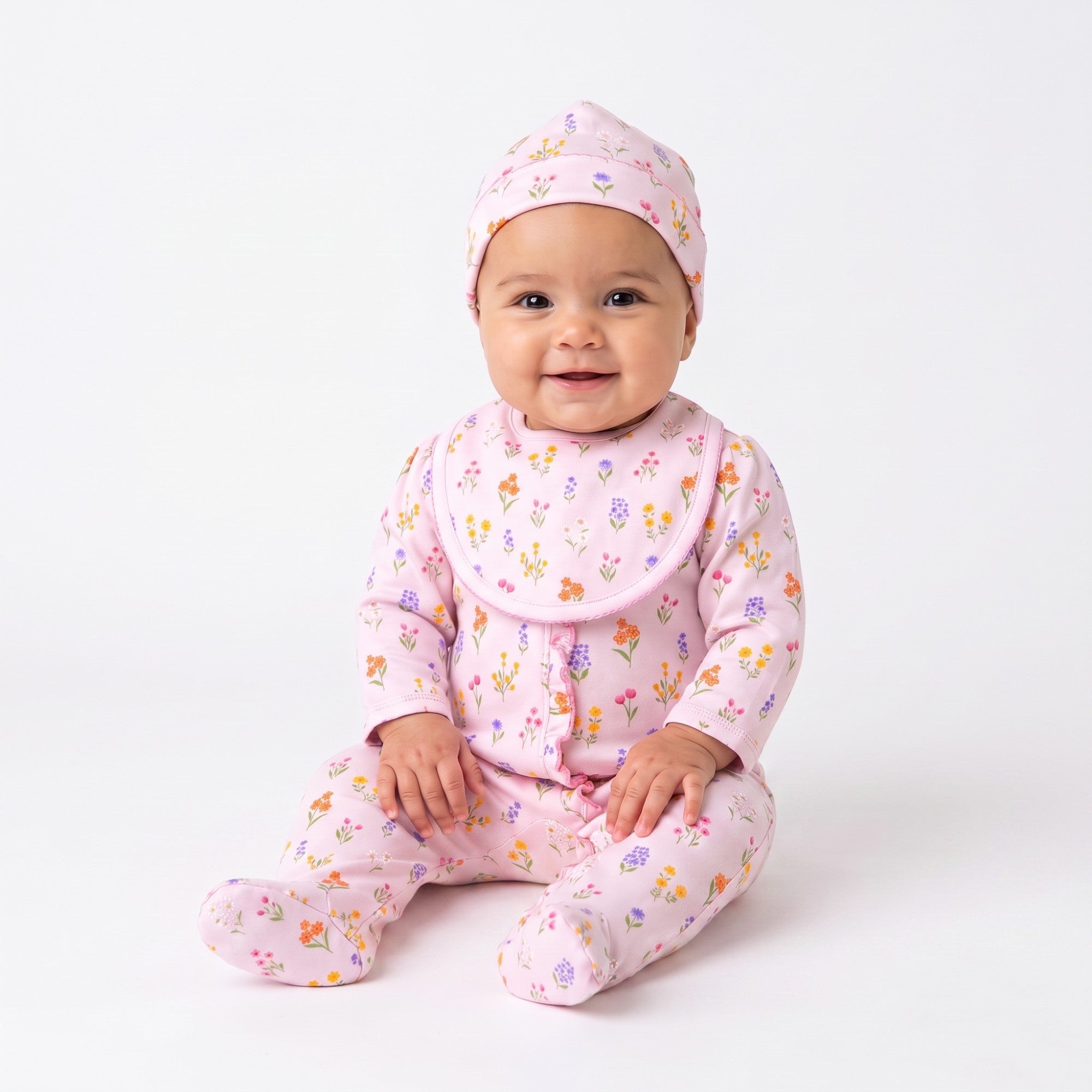 Kissy Kissy New Born Girl's Floral Print Pink Sleepsuit Set with Hat & Bib