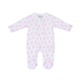 White long-sleeved, footed sleepsuit with a front zipper, covered in a pattern of small pink teddy bears and stars.
