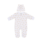 White baby sleepsuit and matching hat with tan teddy bear and star print, featuring a front zip and ear details on hat.