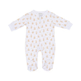 White footed sleepsuit with long sleeves, a full-length front zipper, and an allover tan teddy bear print.