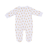 White long-sleeve footed sleepsuit with an all-over tan teddy bear and small star pattern.