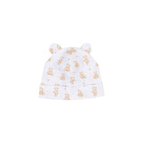 White baby beanie with two rounded ears on top, featuring an allover print of tan teddy bears and small star shapes.