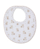 White baby bib with tan teddy bear and star print, scalloped tan trim, and a snap closure.