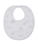 White baby bib with grey sleeping sun, cloud, moon, and star print. Features a scalloped edge and a single snap closure.