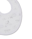 White bib with grey sleeping sun, cloud, moon, and star print, featuring a white scalloped edge.