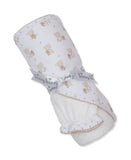 White terry towel with a patterned trim featuring light brown teddy bears and stars, and a scalloped edge. Tied with a grey '