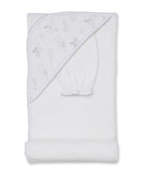 White hooded baby towel with a patterned hood and a matching white wash mitt.