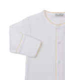White long-sleeve sleepsuit with a round neck, white snap-button placket, and yellow scalloped trim on edges.
