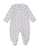 White footed sleepsuit with an all-over tan teddy bear and star pattern, featuring a full-length front zip.