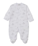 White baby sleepsuit with grey celestial pattern, full-length front zipper, long sleeves, and integrated footies.