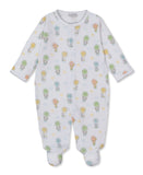 White baby sleepsuit with long sleeves and feet, featuring a colourful pattern of animals in hot air balloons.