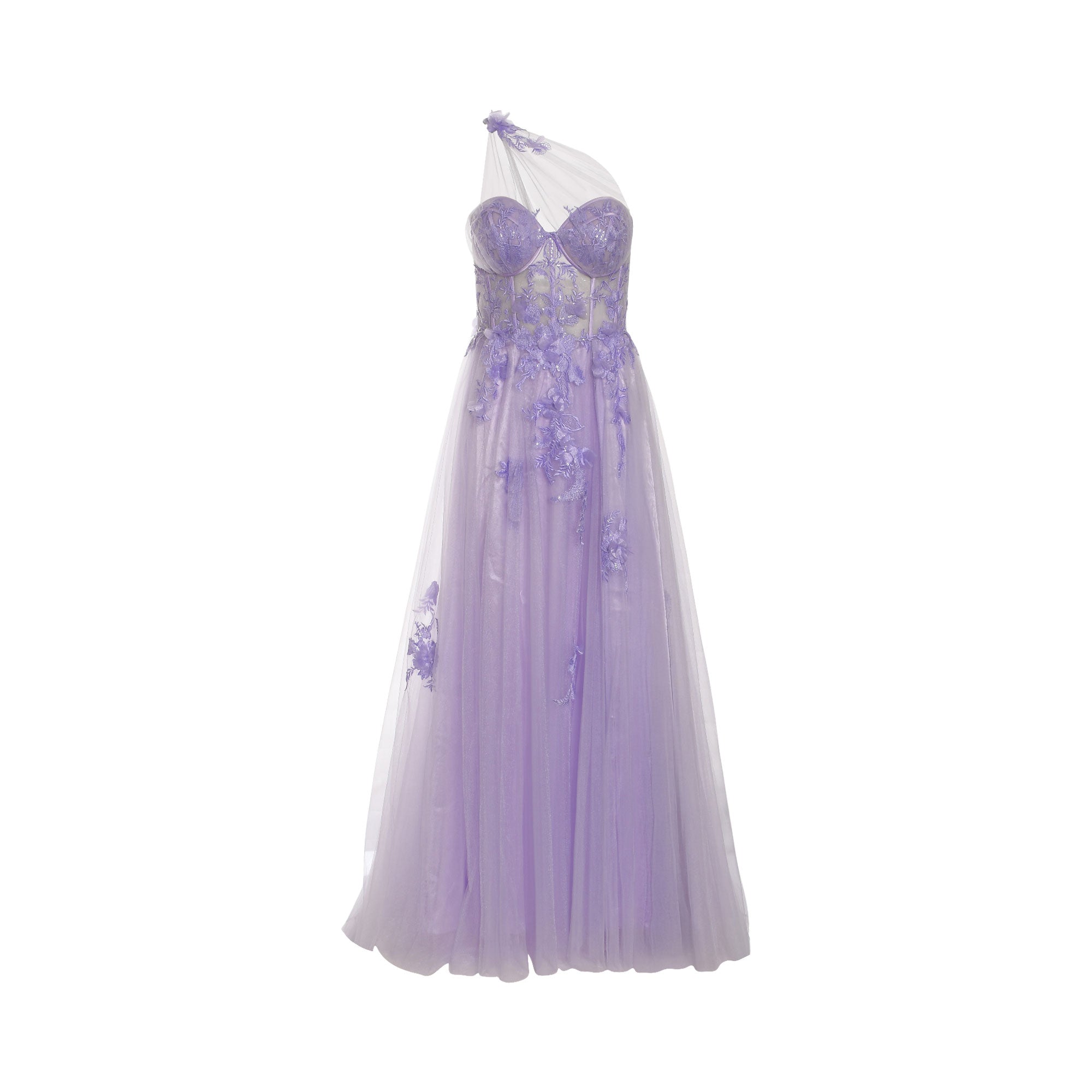 Lavender full-length gown with a strapless sweetheart bodice, sheer one-shoulder overlay, and floral lace appliques on the bo