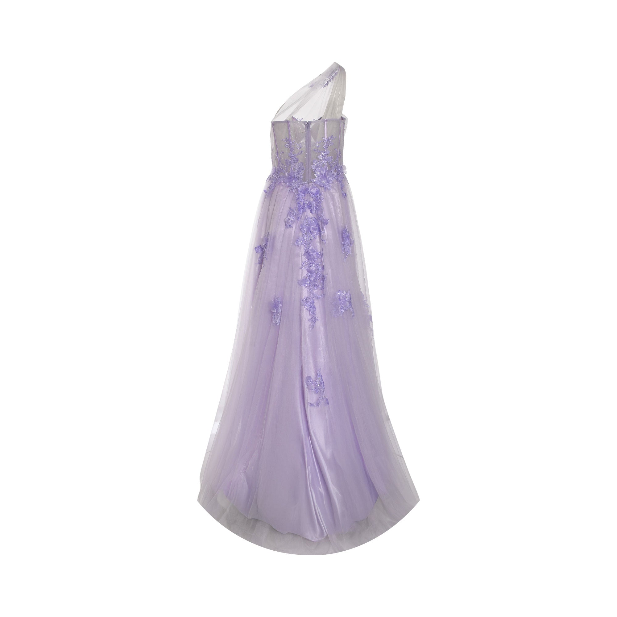 Lavender one-shoulder gown with a sheer tulle overlay, satin lining, and scattered floral lace appliques on the bodice and fu