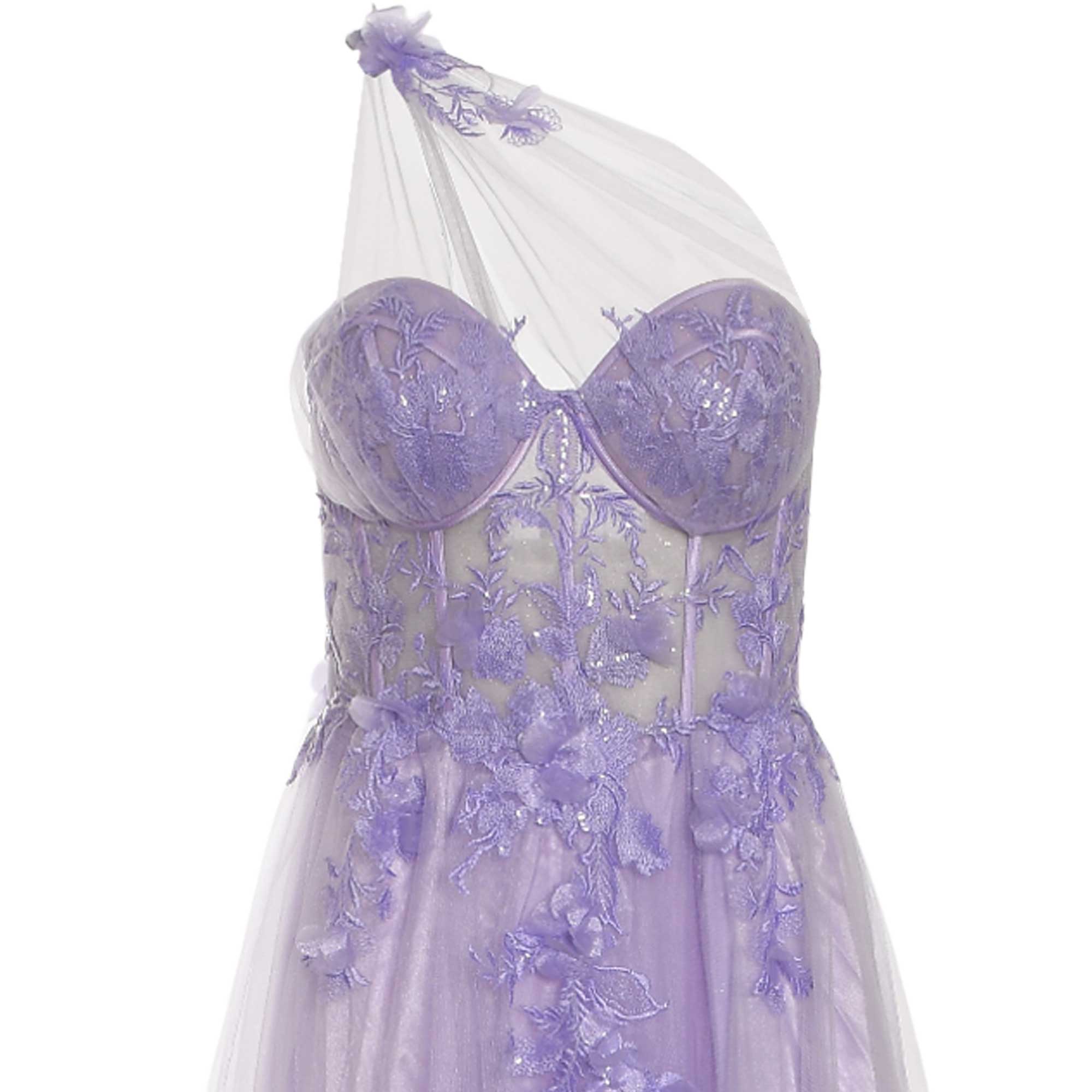 Lavender strapless dress with a sweetheart neckline, sheer one-shoulder overlay, and intricate floral lace appliqué with sequ
