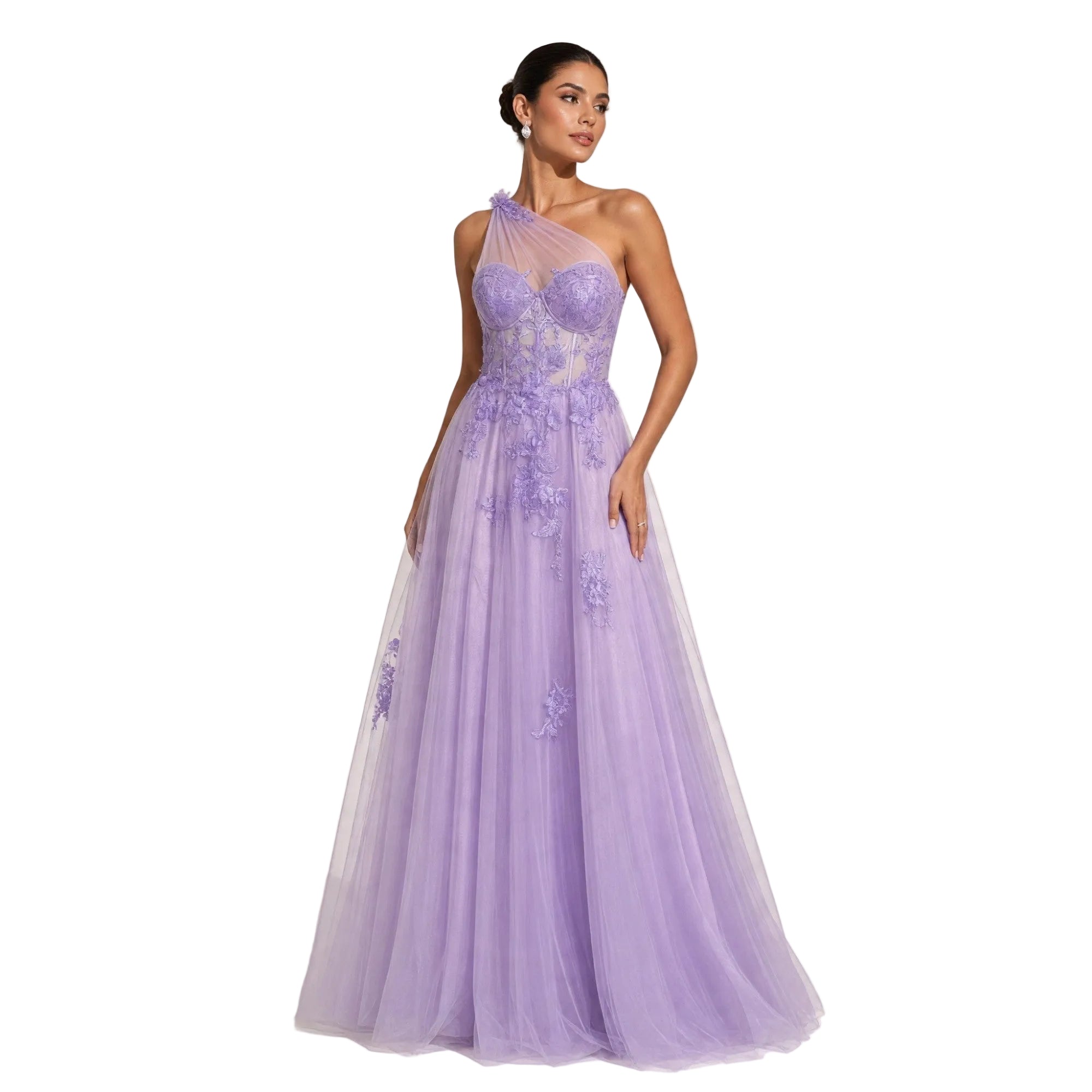 Lavender one-shoulder tulle gown with a structured bodice, sheer overlay, and intricate floral appliqués on the bodice and fu