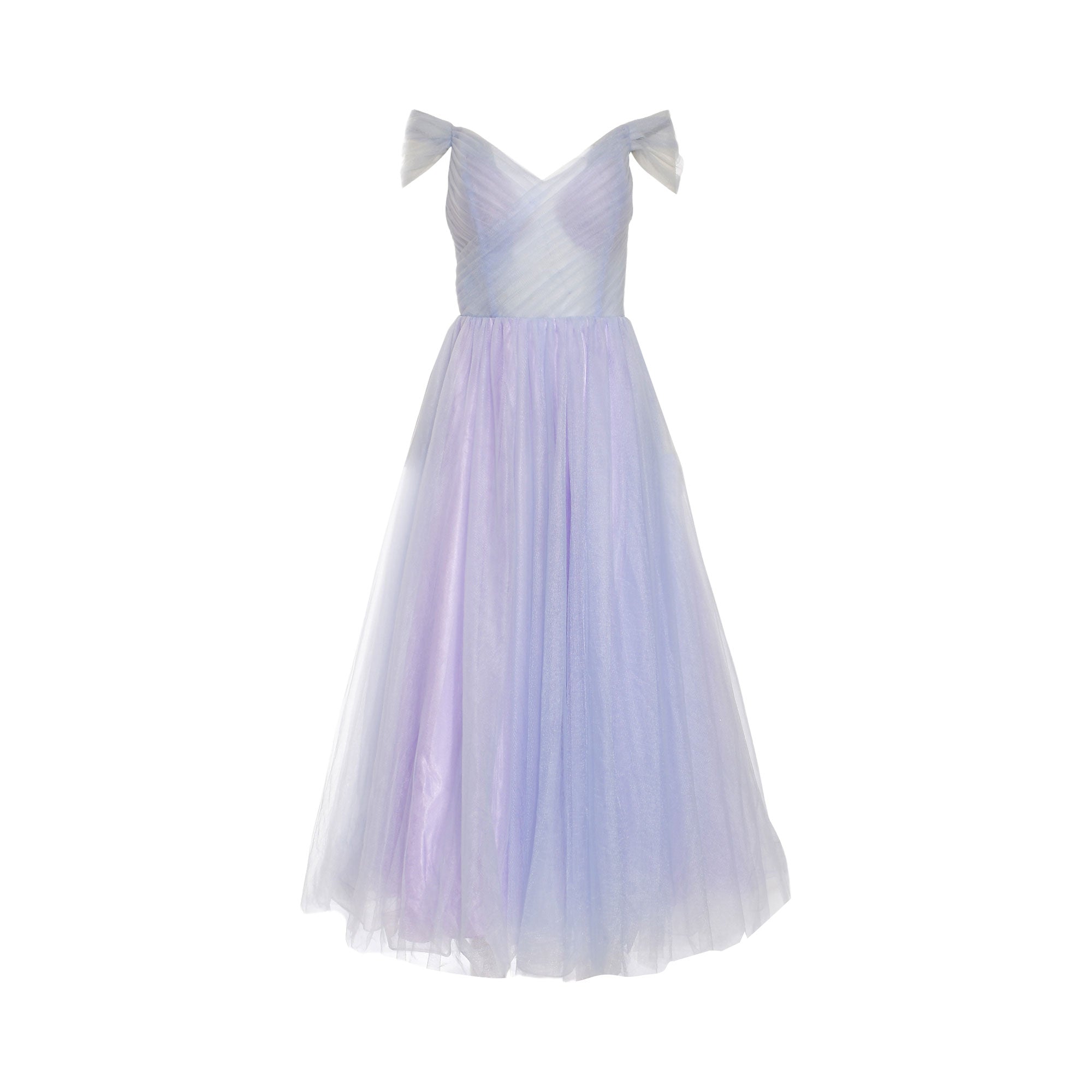 Off-the-shoulder V-neck gown with a ruched bodice and a full, layered tulle skirt in iridescent lavender and light blue.