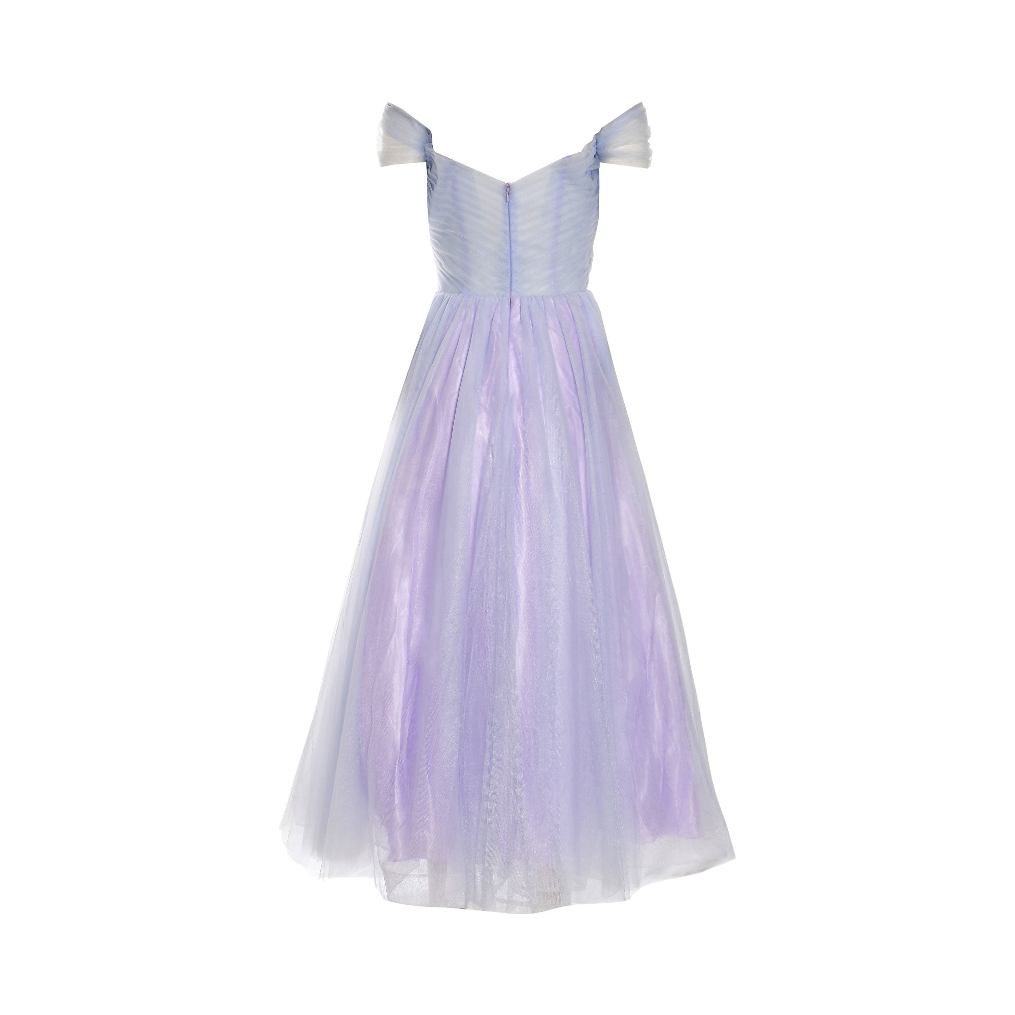 Lavender off-the-shoulder gown with ruffled straps, a V-back, fitted ruched bodice, and a voluminous, layered sheer skirt.