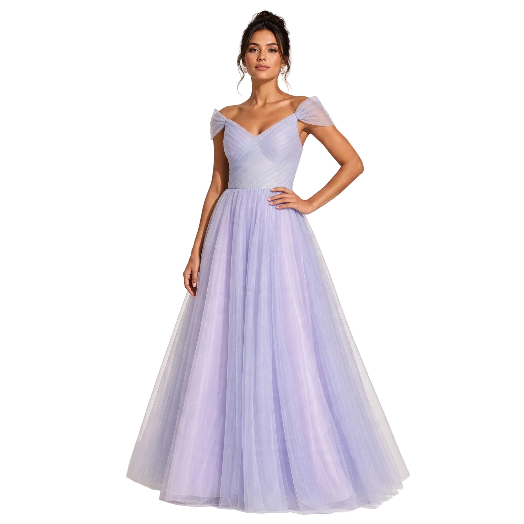Lavender off-shoulder V-neck gown with a ruched bodice and a voluminous layered tulle skirt.