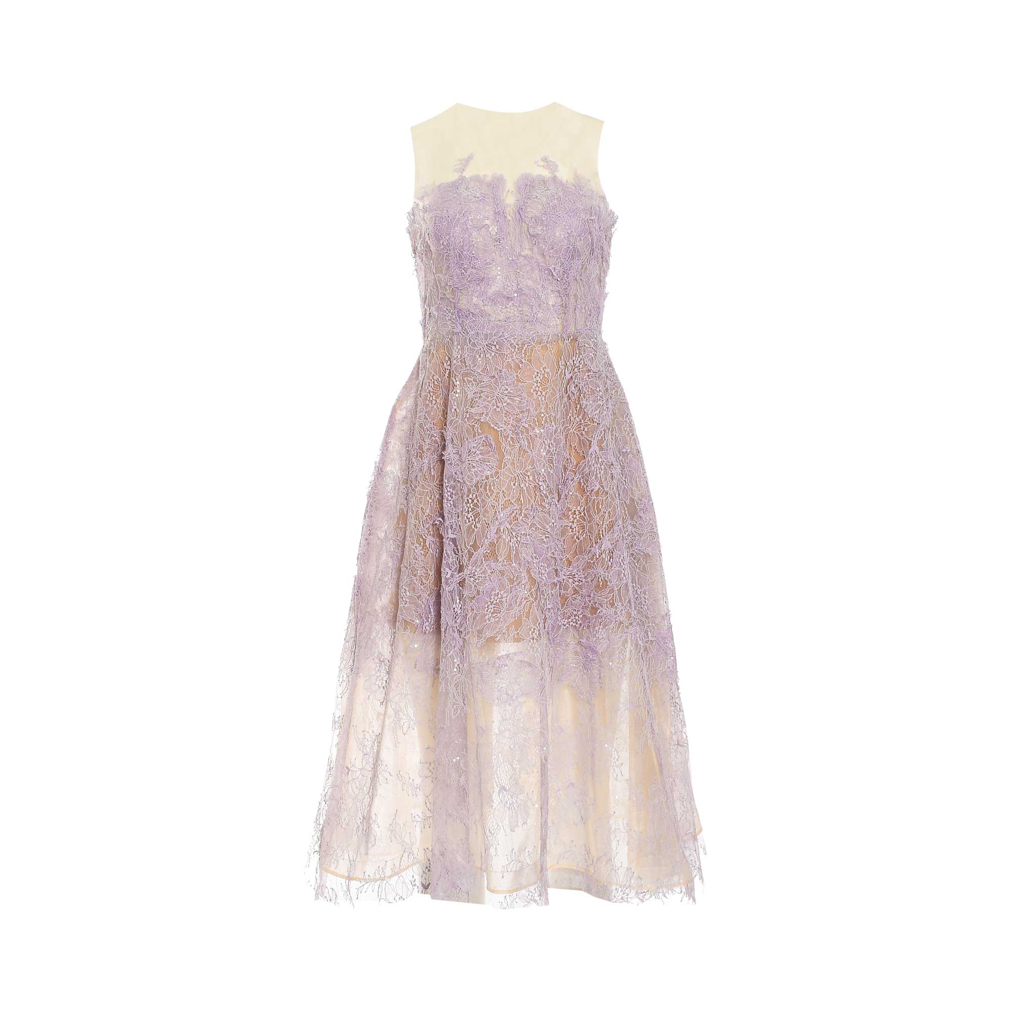 Lavender sleeveless midi dress with a sheer mesh neckline and floral lace overlay. It has a beige lining and subtle sparkle o