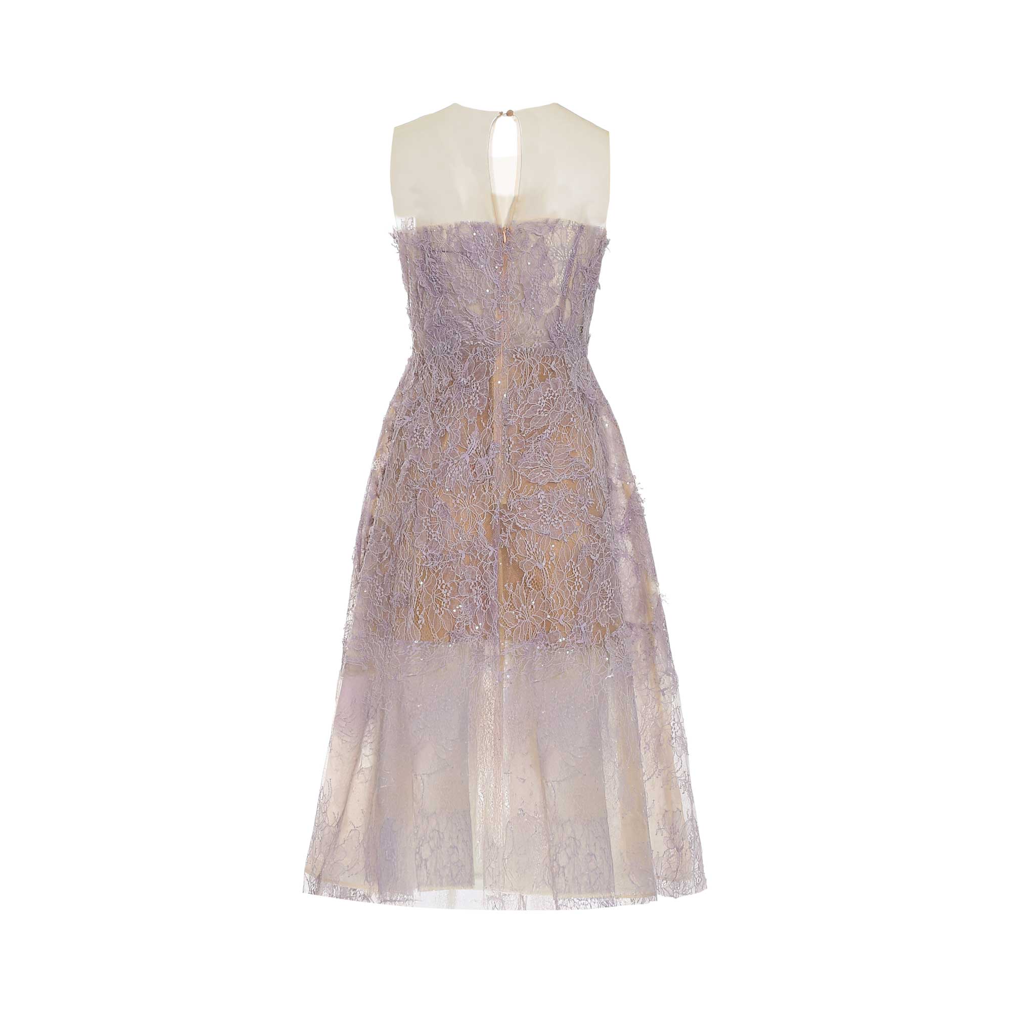 Lavender floral lace midi dress with sheer upper back, keyhole, gold-toned button closure. Lined, with subtle sequins.
