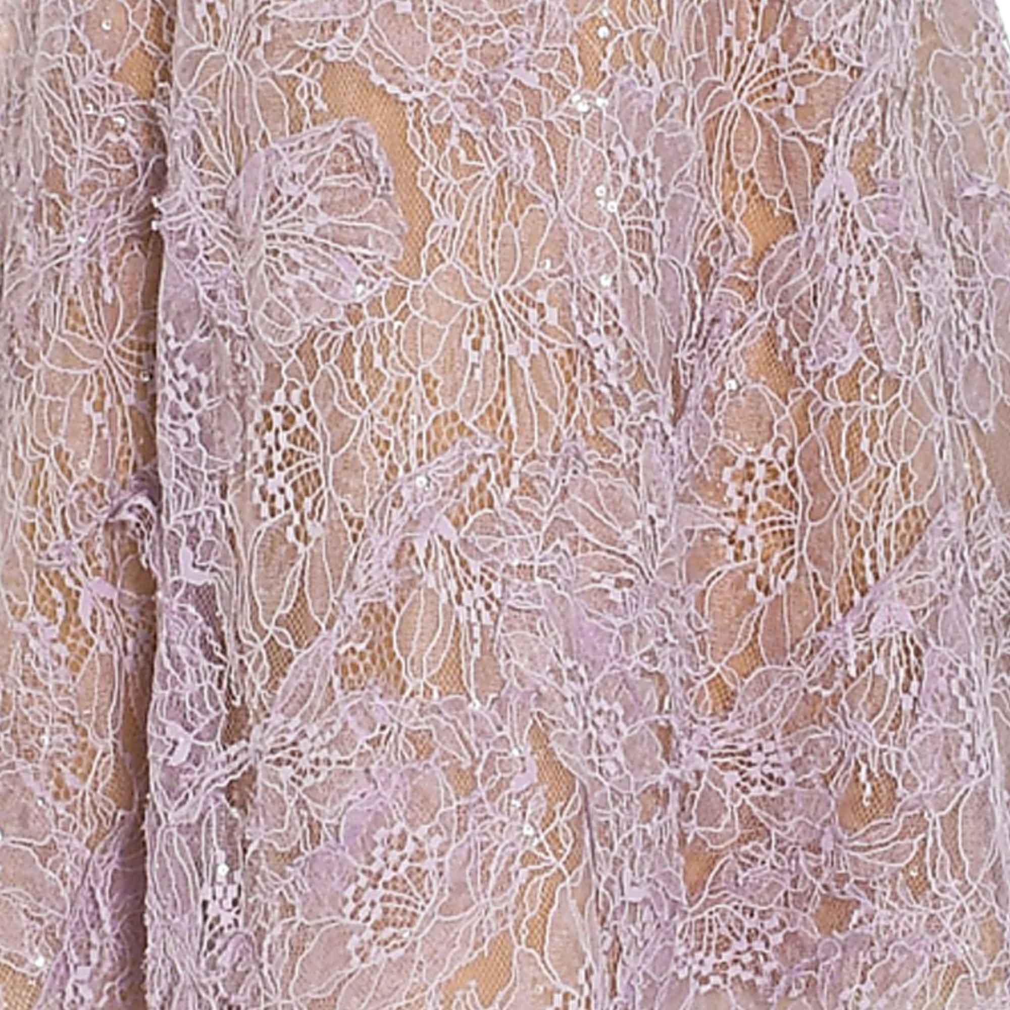 Lavender floral lace dress with intricate patterns and scattered sequins over a nude lining.