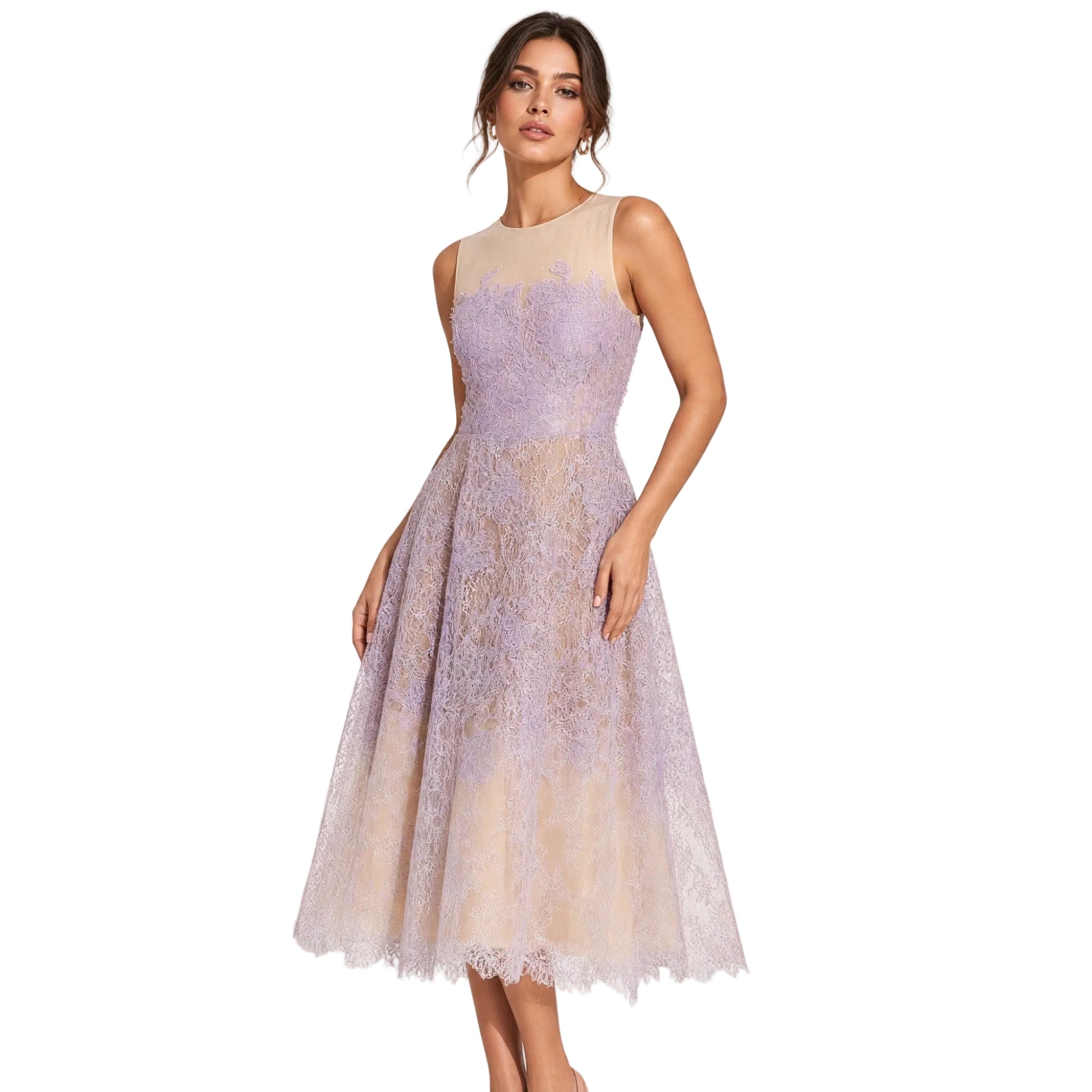 Lavender sleeveless midi dress with a sheer nude-toned upper bodice, lace overlay, and a scalloped hem.
