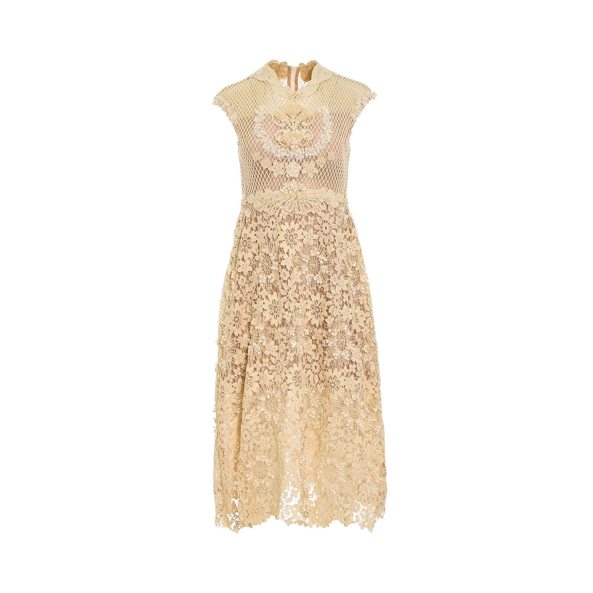 Beige midi dress with high ruffled neck, cap sleeves, and intricate floral crochet lace. Mesh bodice, A-line skirt.