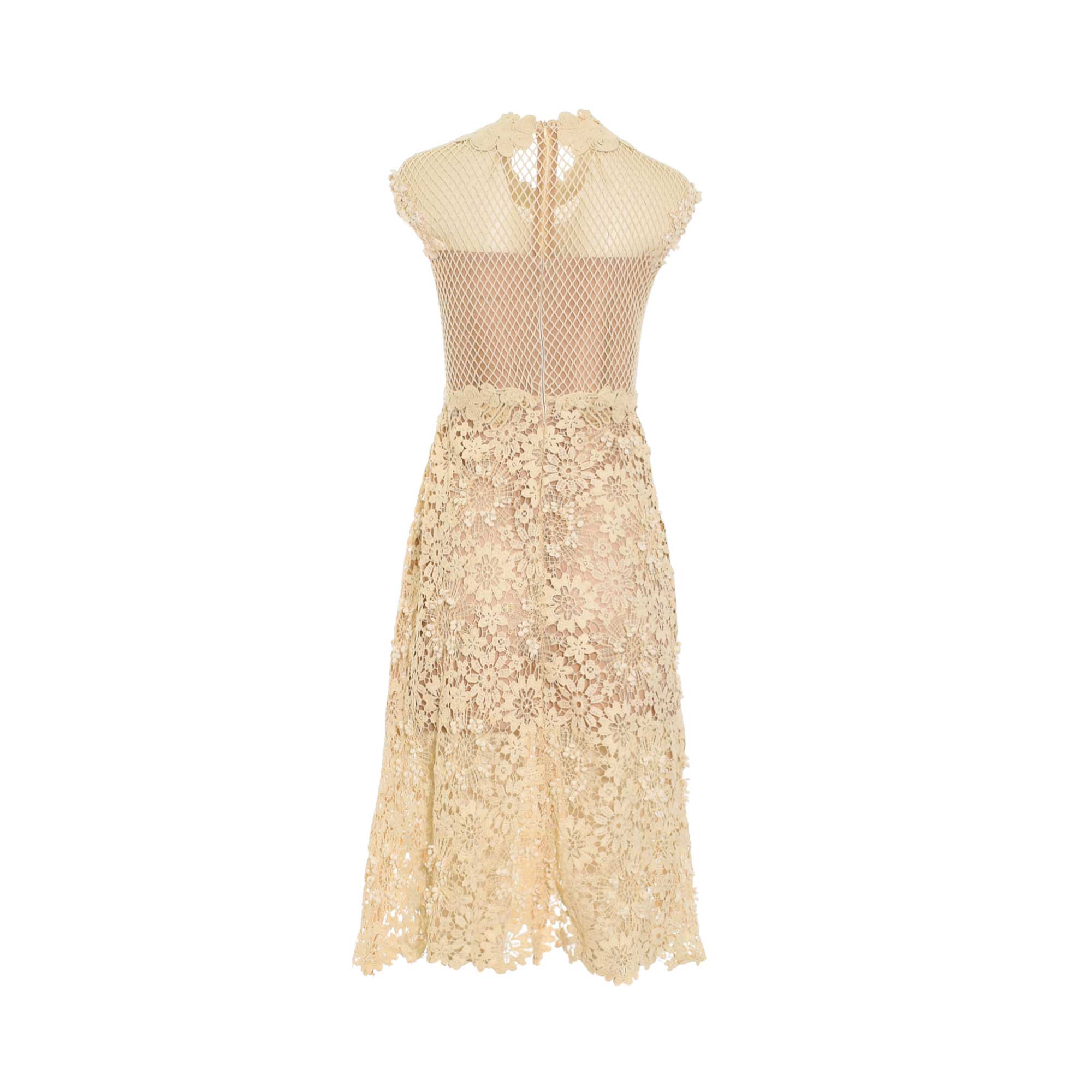 Beige midi dress with a high-neck mesh bodice, cap sleeves, and a floral lace skirt. Features a visible back zipper.