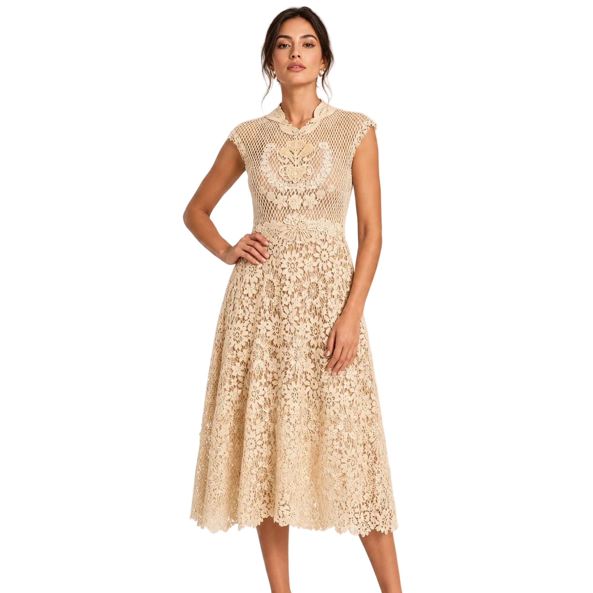 Beige A-line midi dress with a high collar, cap sleeves, and intricate floral lace patterns, featuring a scalloped hem.