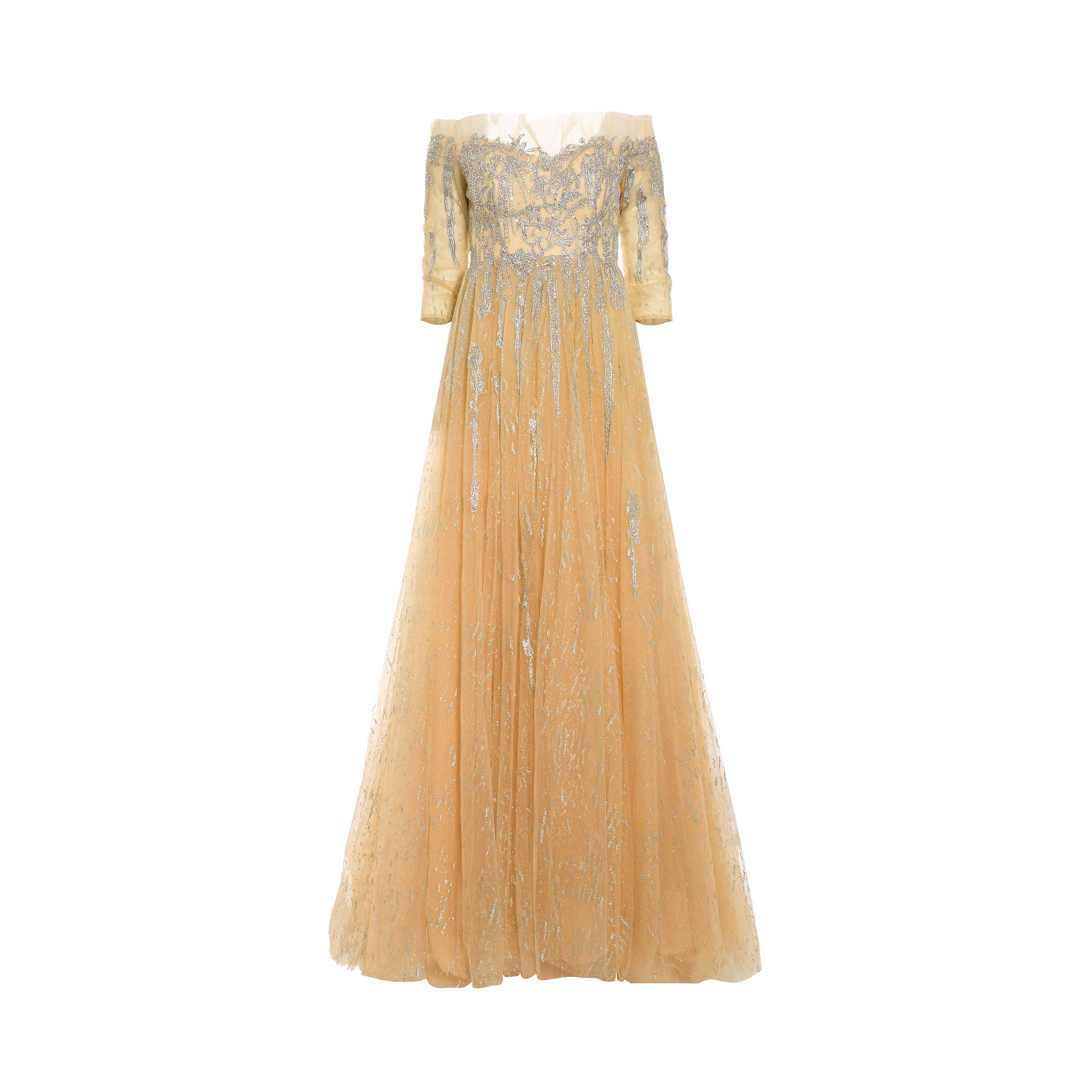 Beige off-the-shoulder gown with 3/4 sleeves. Silver-toned embroidery on bodice/sleeves, vertical silver-toned embellishments