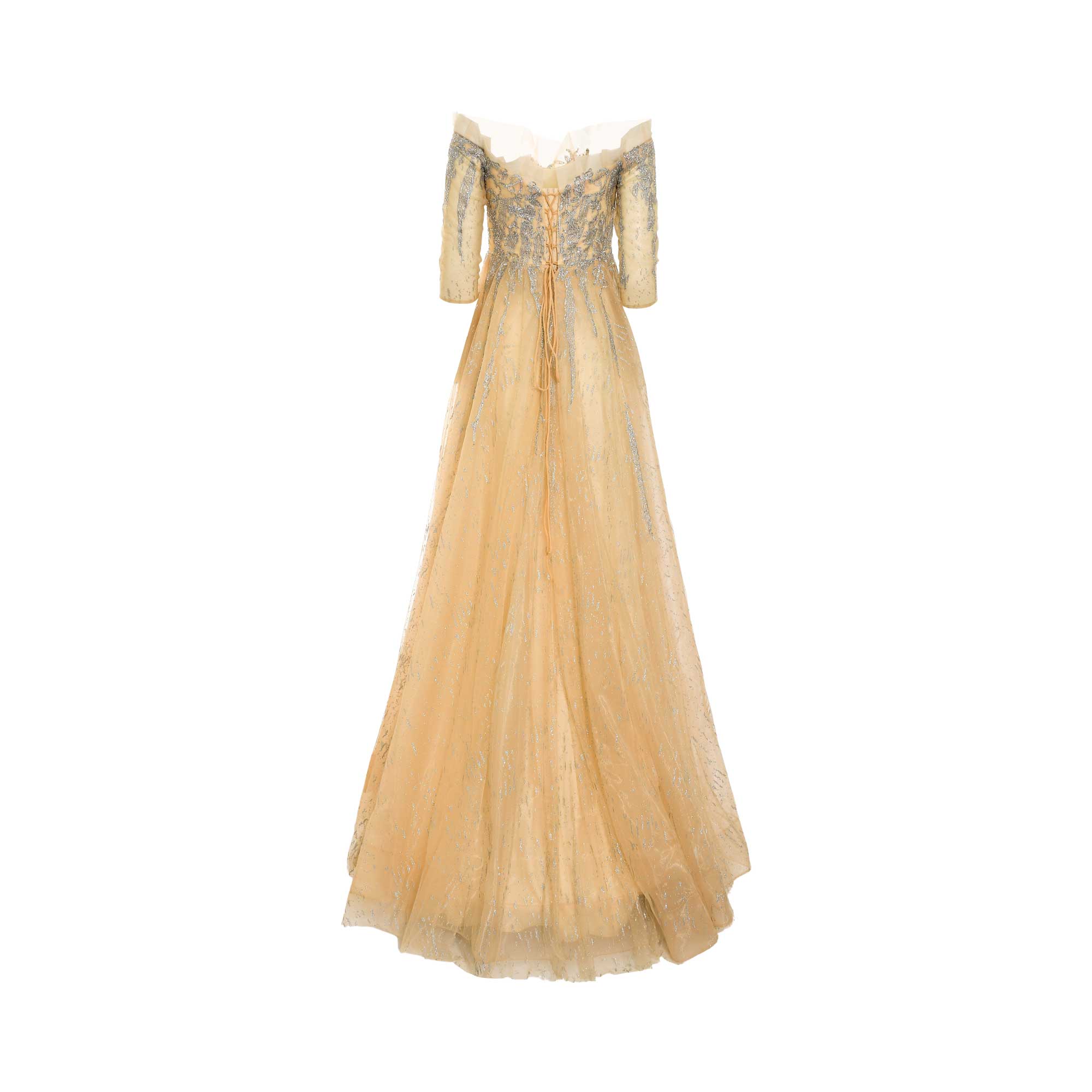 Beige off-shoulder gown with three-quarter sleeves, silver-toned embroidery, a ruffled neckline, and a lace-up back. Full, fl