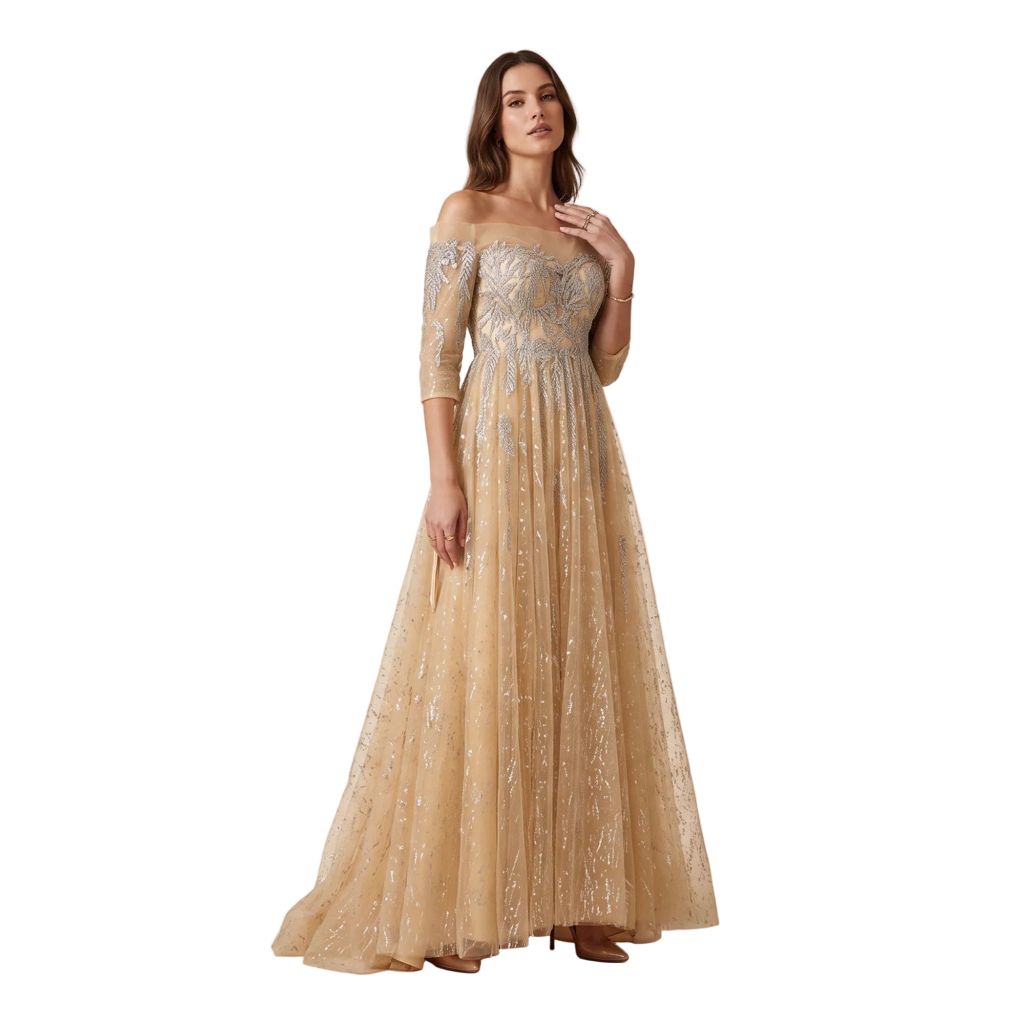 Beige off-shoulder gown with three-quarter sleeves, silver embroidery on the bodice, and a full tulle skirt with scattered si