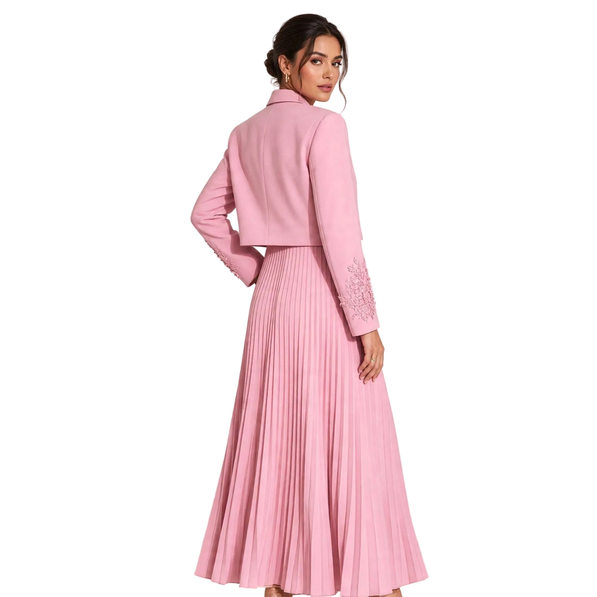 Pink long dress with a cropped jacket-style top featuring a collar and floral embroidery on the sleeves, paired with a pleate