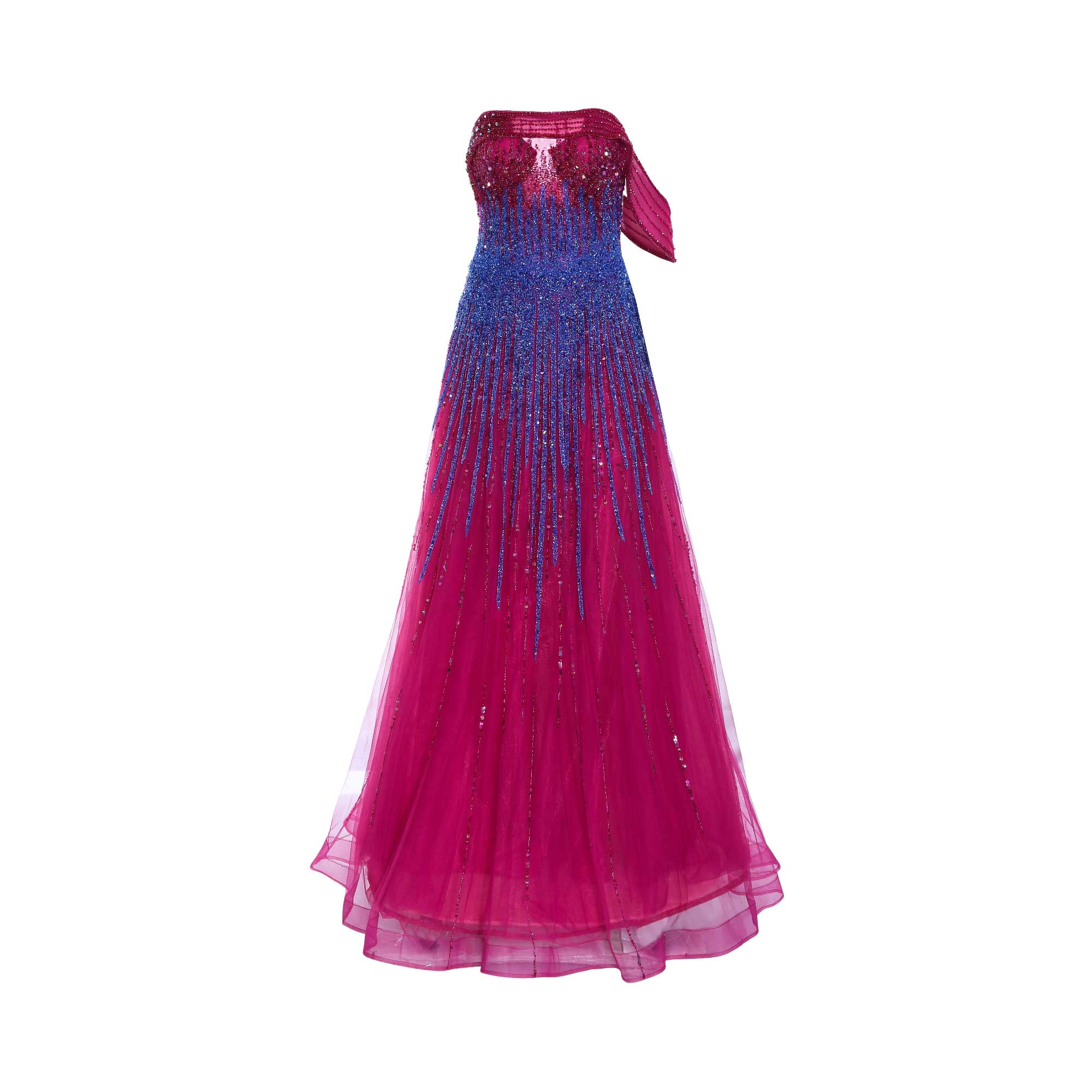 Strapless magenta gown with blue and pink sequin embellishments, a draped off-shoulder detail, and a full, floor-length skirt