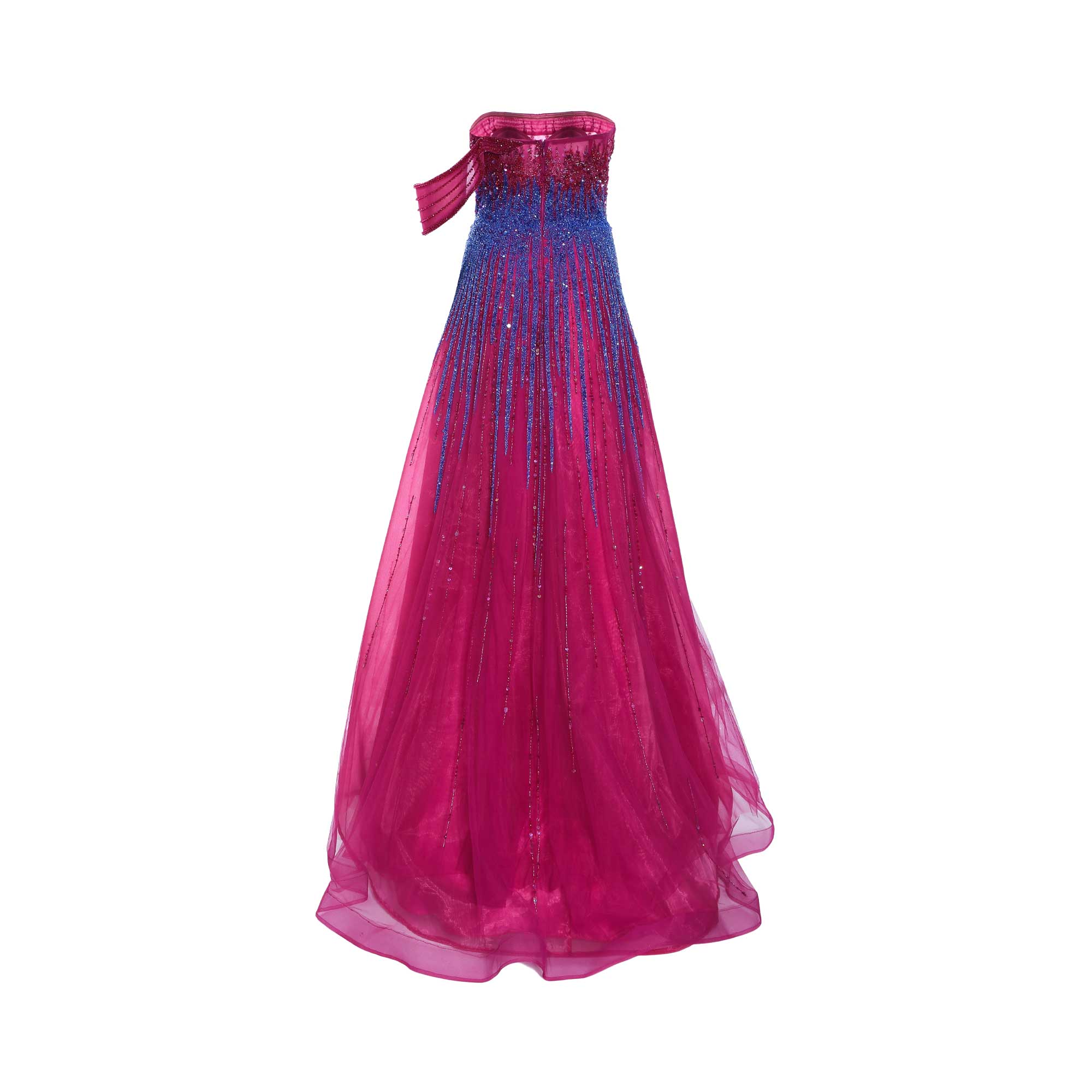 Strapless pink gown with blue sequins on the bodice and vertical streaks down the flowing tulle skirt. One shoulder drape.
