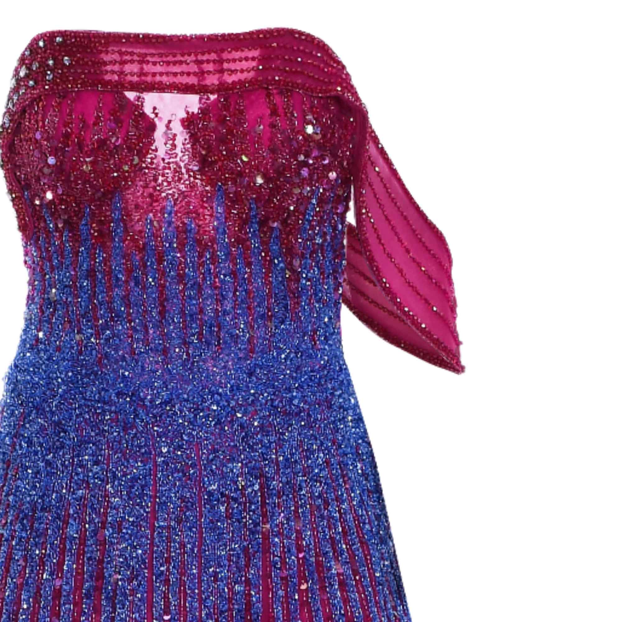 Strapless ombre dress, fuchsia to royal blue, with dense sequins and beads in vertical patterns. One draped off-shoulder slee