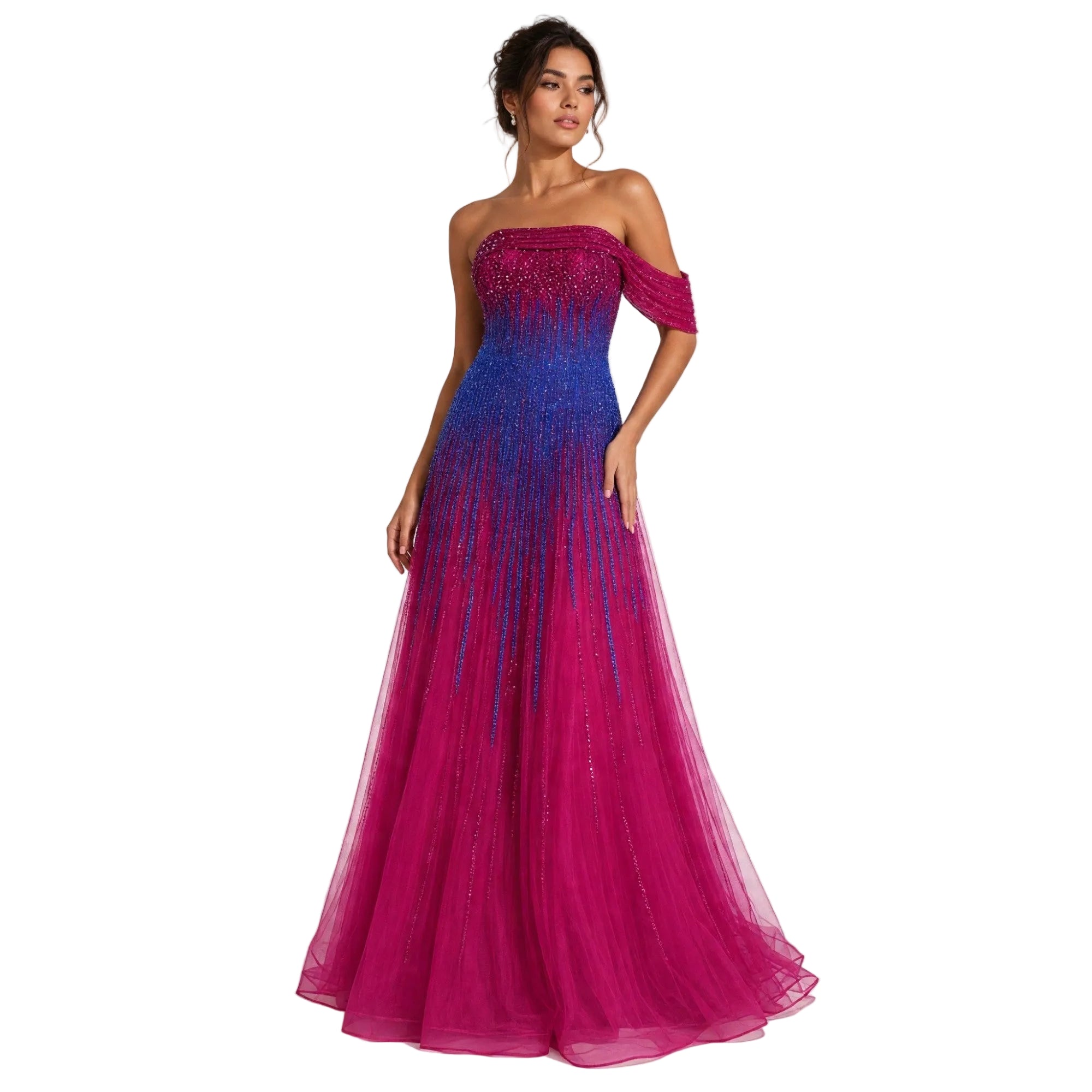 Pink and blue off-the-shoulder embellished A-line gown with a full tulle skirt and beaded bodice.