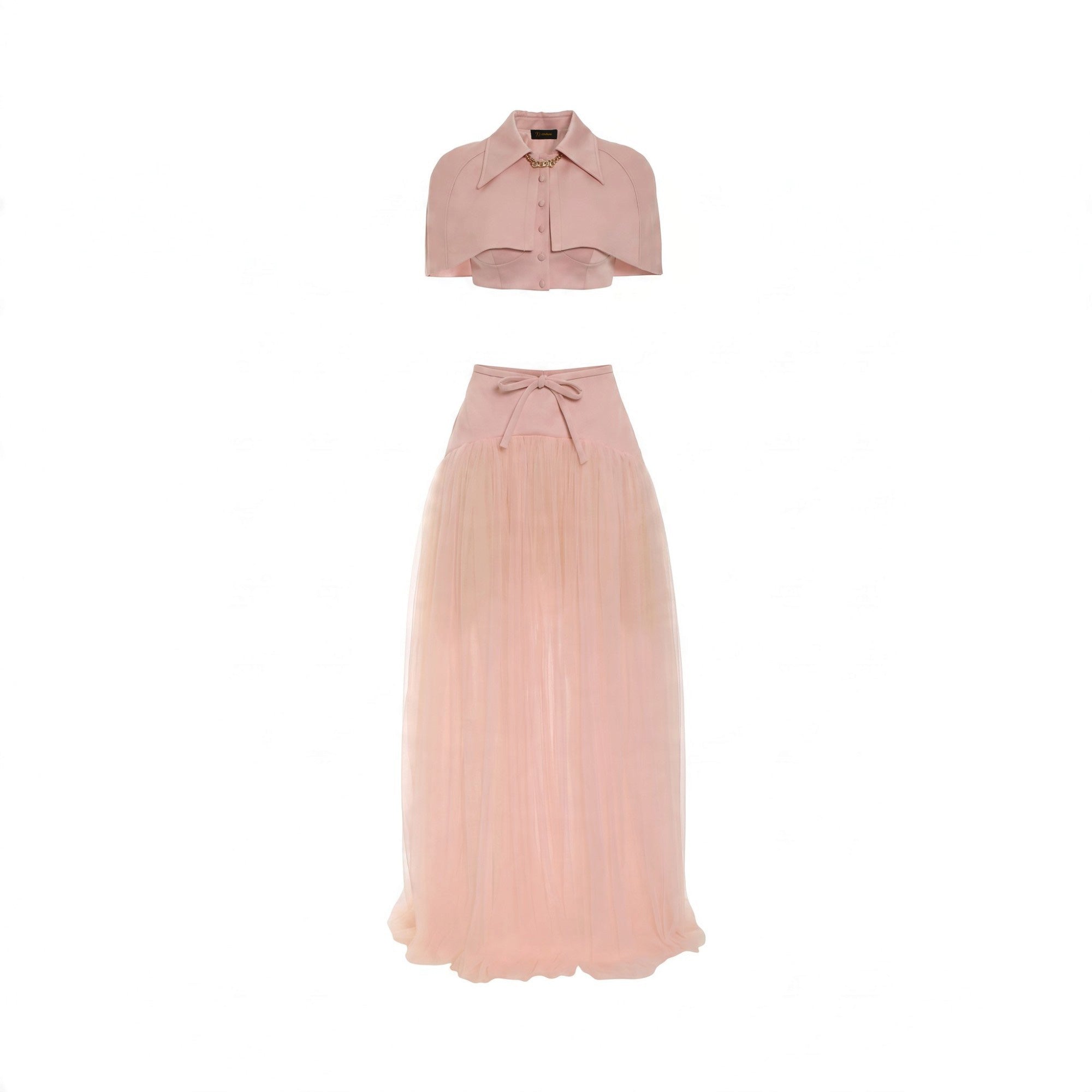 Pink two-piece dress: cropped collared top with cape overlay, button front, gold-toned chain; high-waisted pleated tulle maxi