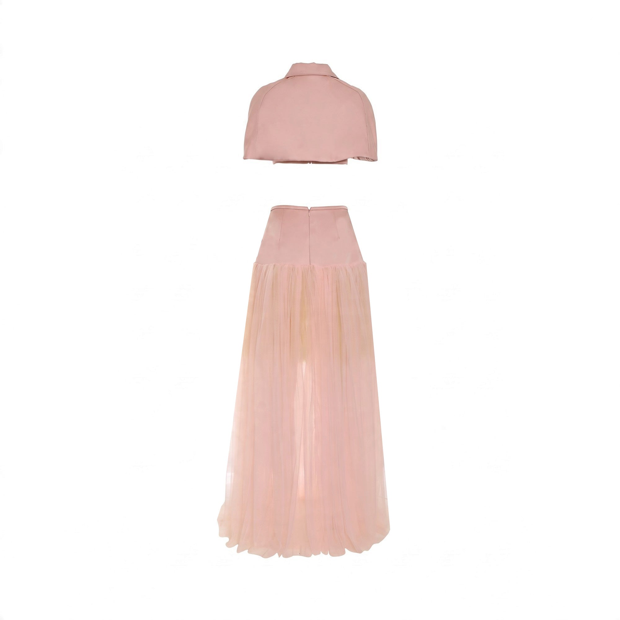 Pink two-piece dress: cropped collared top with short sleeves, and a high-waisted maxi skirt with a sheer, layered tulle bott