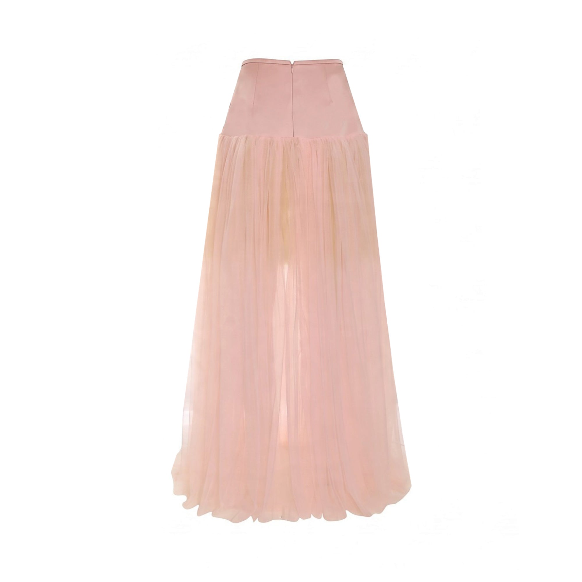 Pink dress, back view. Features a high, opaque pink waistband with a back zipper, flowing into a long, sheer, gathered pink t