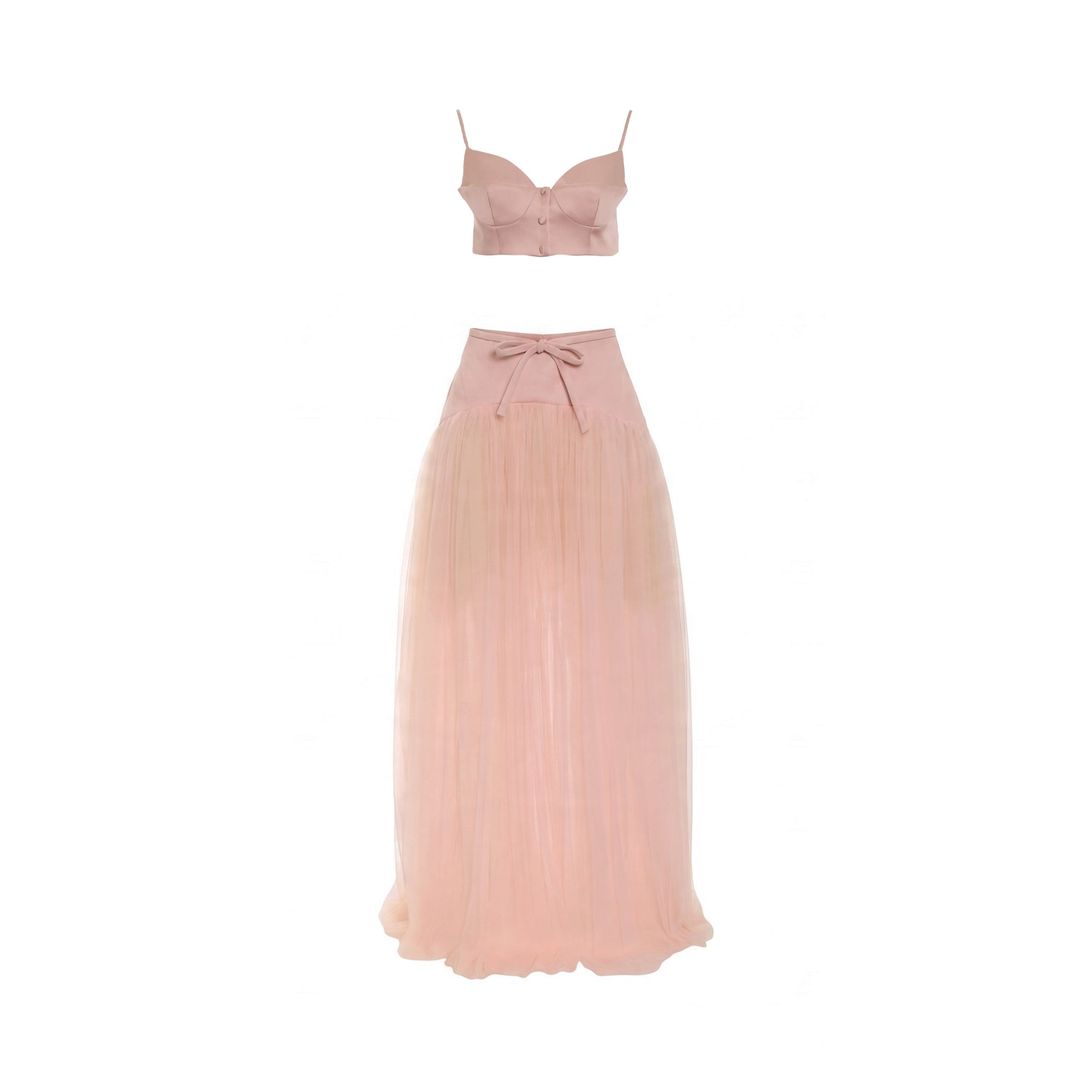 Pink two-piece set: bustier top with spaghetti straps, front buttons; high-waisted maxi skirt with tie-front bow, tulle overl
