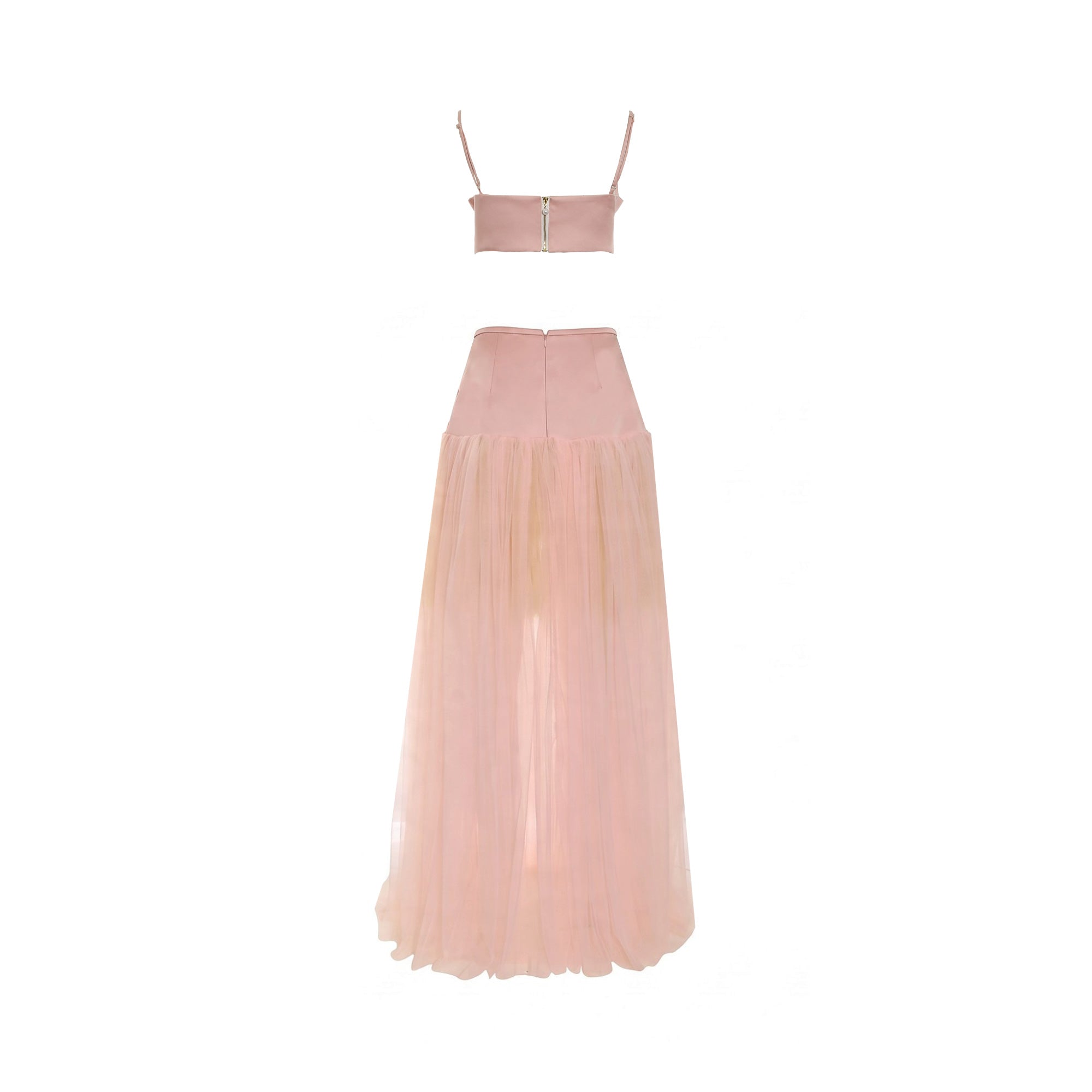 Pink satin two-piece set: cropped top with spaghetti straps, silver-toned front zipper; high-waisted maxi skirt with sheer tu