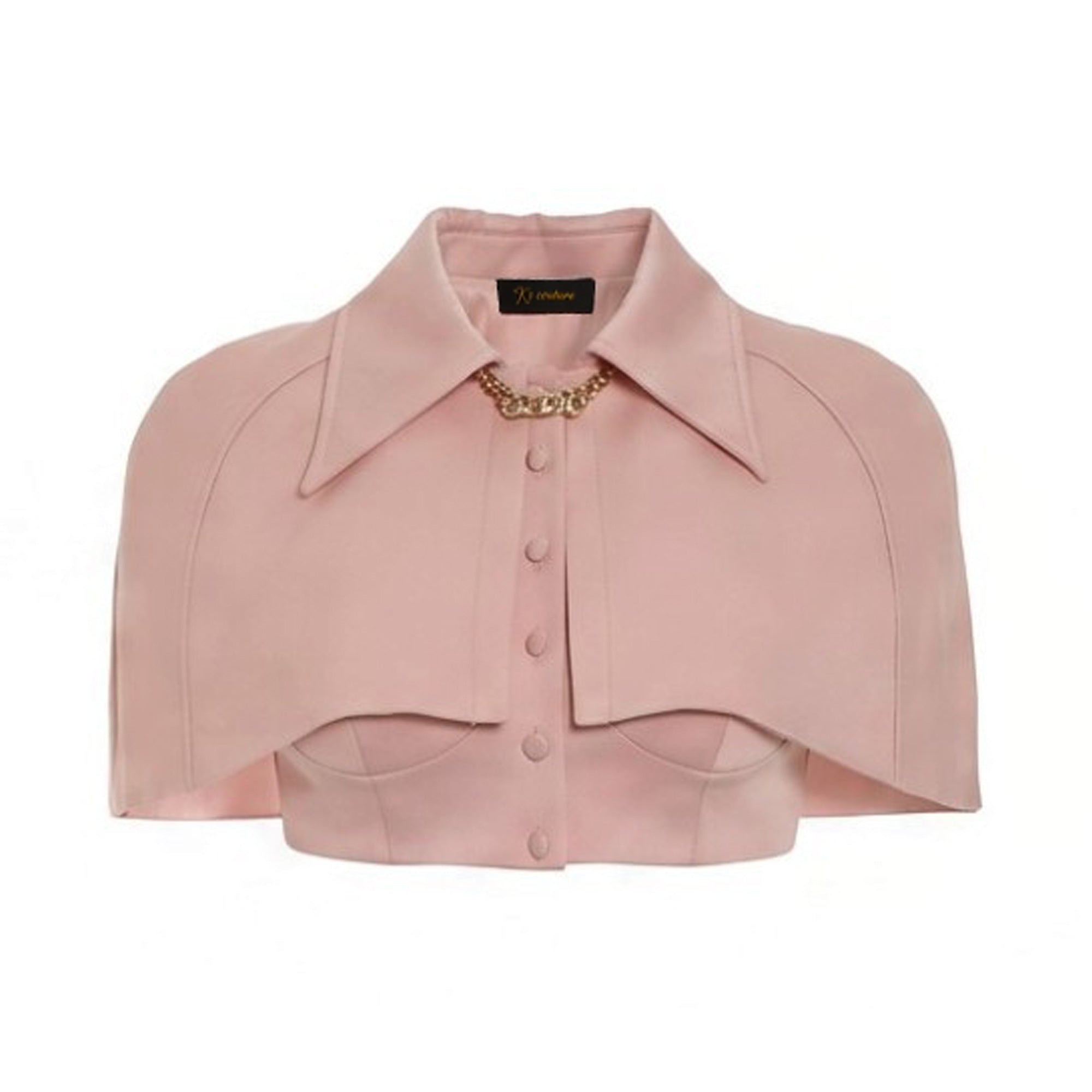 Pink garment with a wide collar, gold-toned chain detail, button-down front, structured bodice, and short cape sleeves.