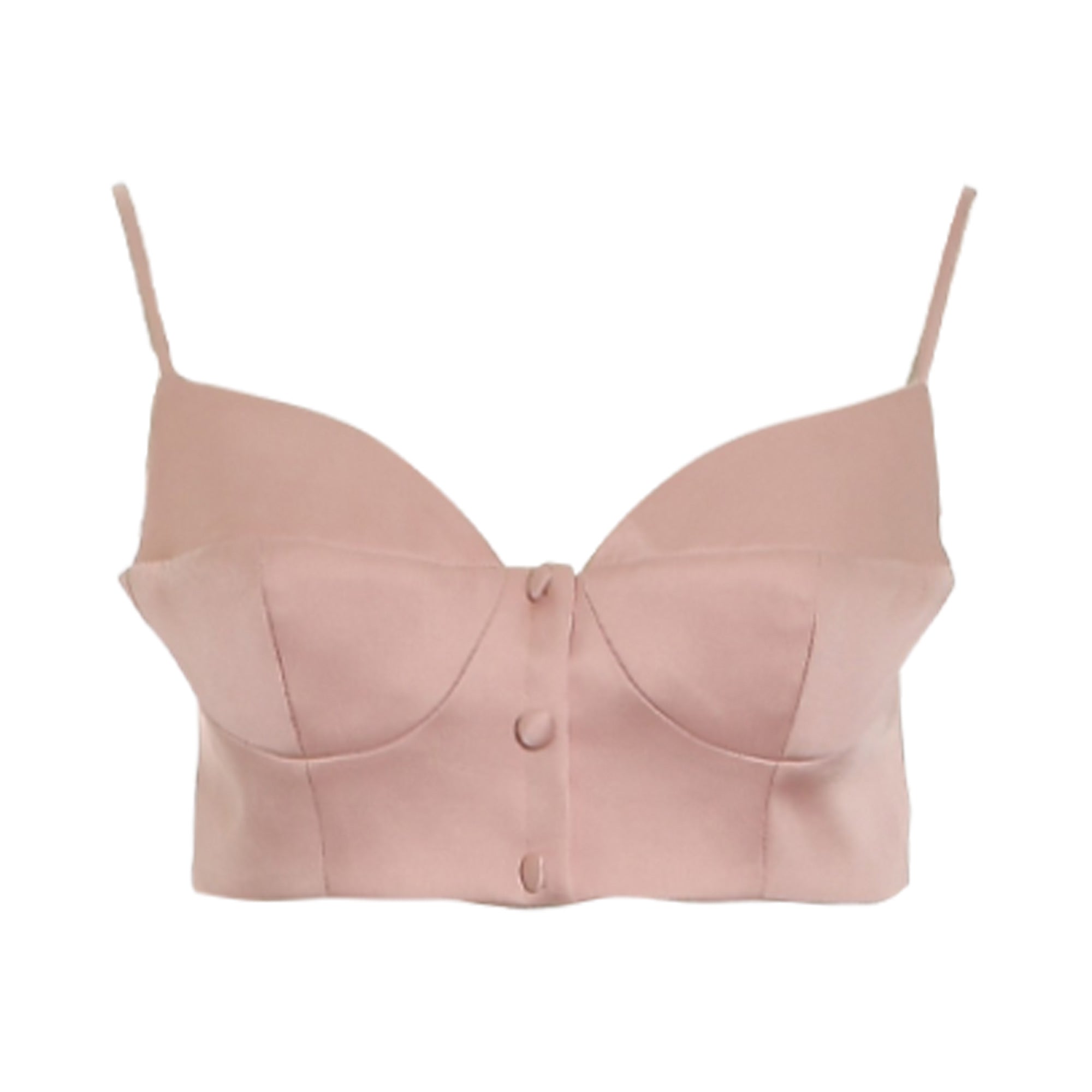 Pink bustier-style crop top with thin spaghetti straps, sweetheart neckline, and three round pink buttons down the center fro