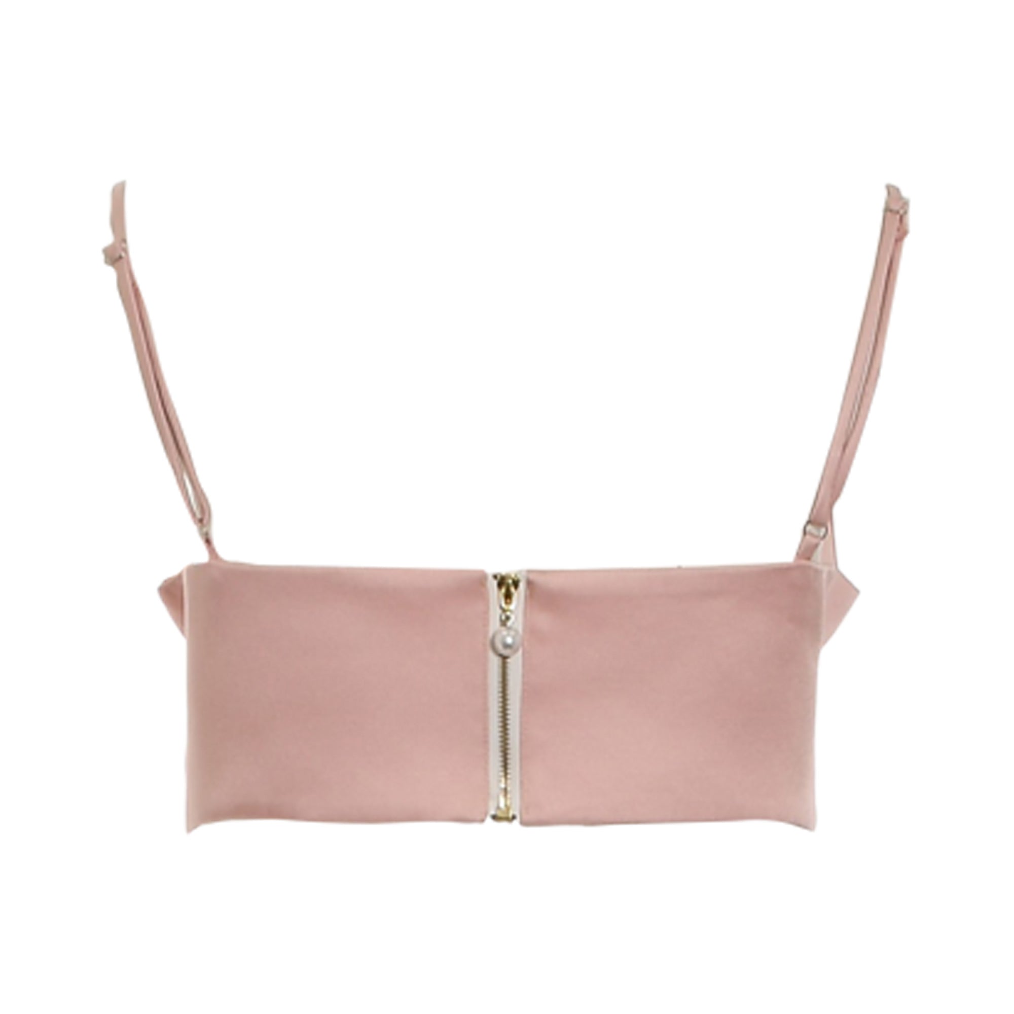 Pink crop top with thin adjustable straps and a gold-toned front zipper featuring a pearl-like pull.
