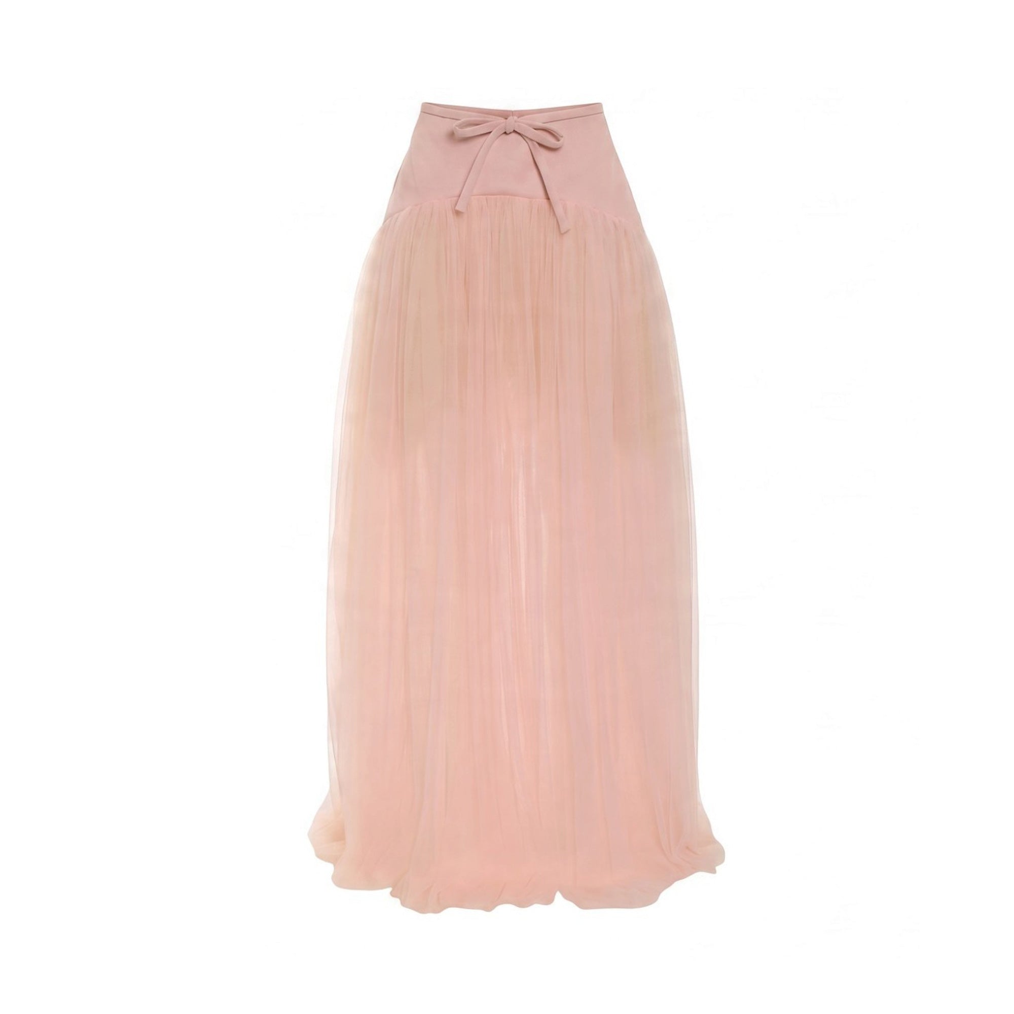 Pink high-waisted maxi skirt with a wide waistband, front tie-bow detail, and a flowing, layered sheer tulle skirt.