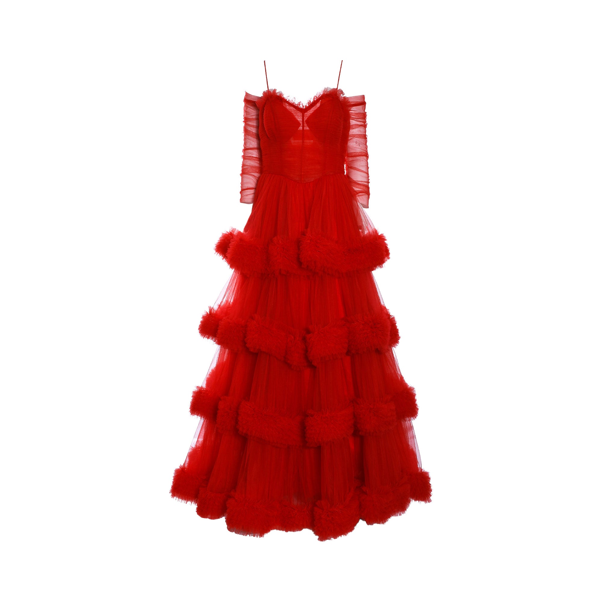 Red tiered tulle gown with spaghetti straps, off-shoulder sheer sleeves, ruffled sweetheart neckline, and fluffy trim on each