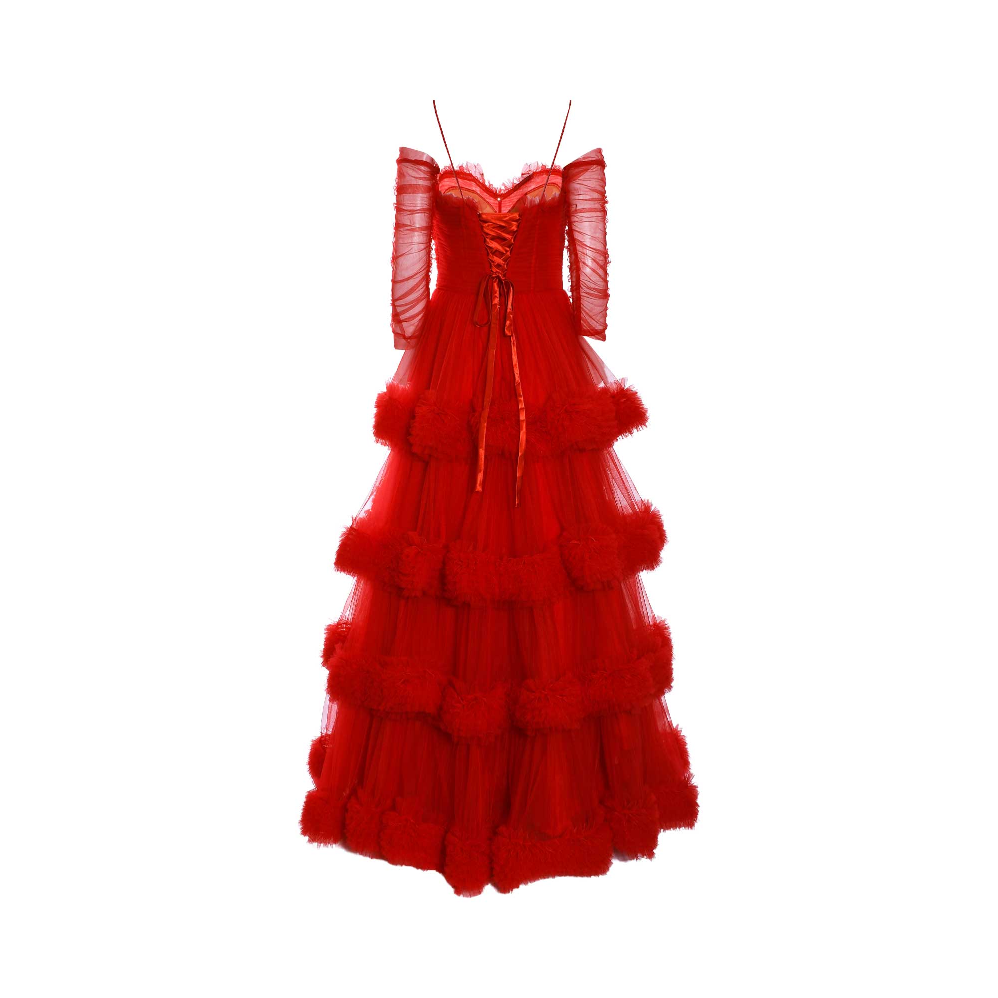 Red tulle dress with spaghetti straps, off-shoulder ruched sleeves, a lace-up corset bodice, and a tiered skirt with fluffy r